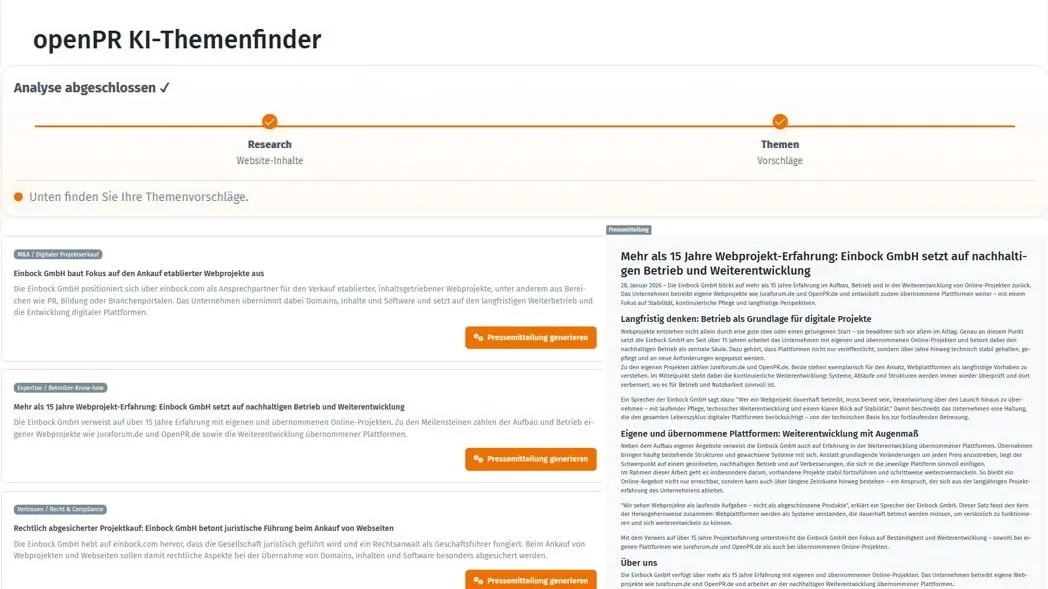 Screenshot: openPR Themenfinder